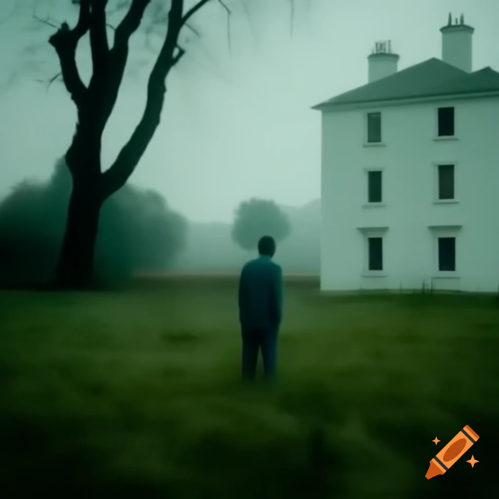 Man in grassy backyard looking away from white country house in moody saturated film style