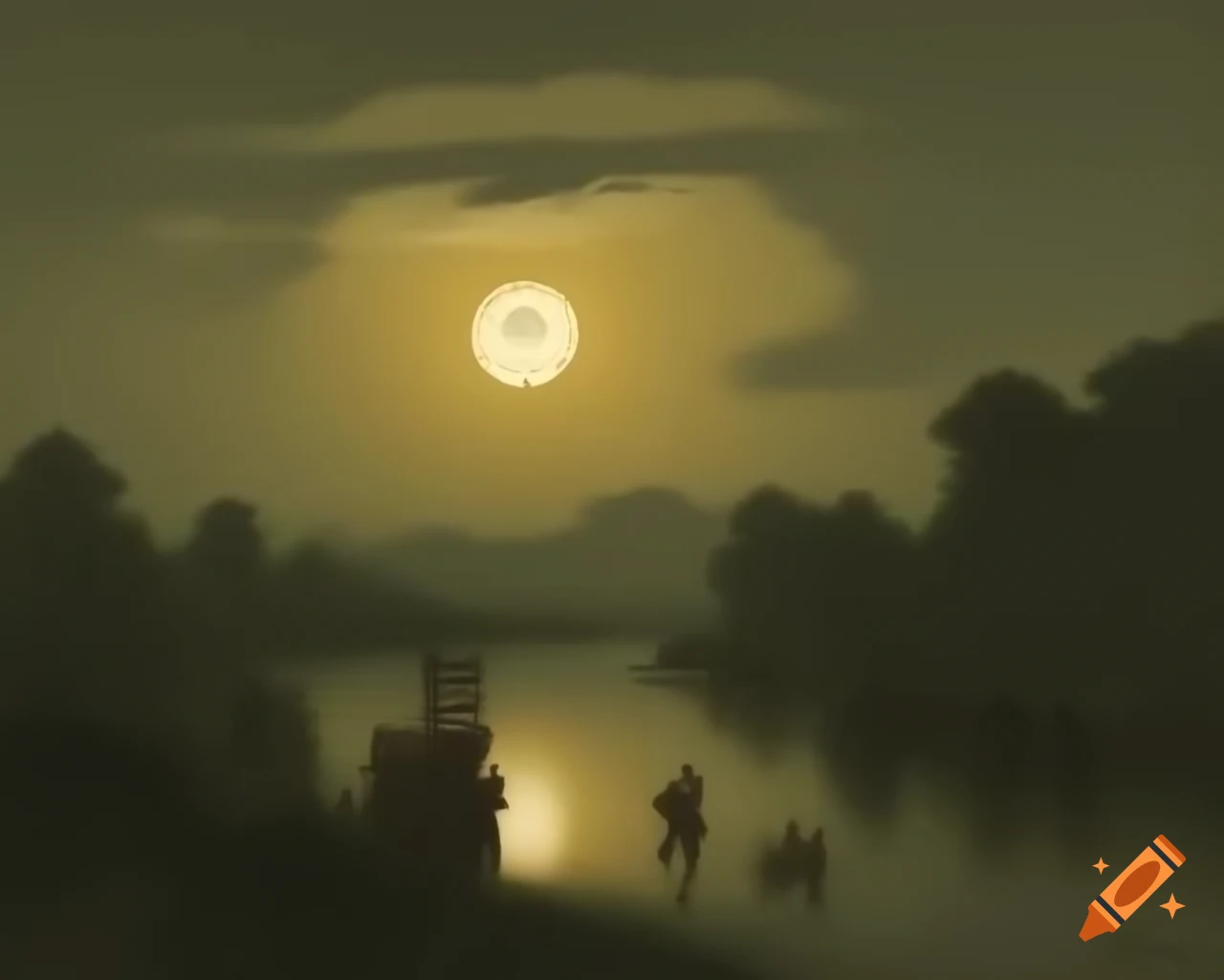Moonbeams reflecting on serene river waters with fireflies and willows
