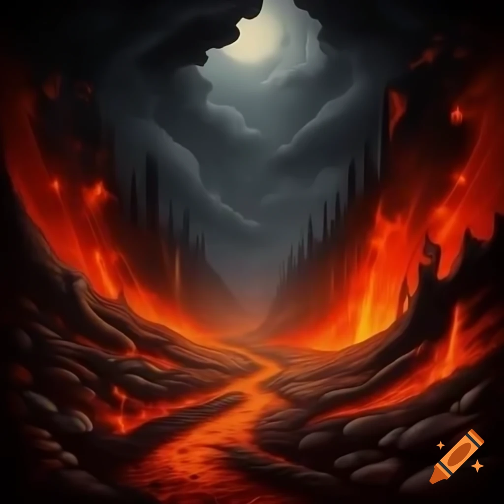 Dark path with fire and lava, creating a scary atmosphere