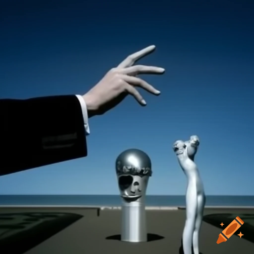 Pop surreal 2000s photography featuring silver statue