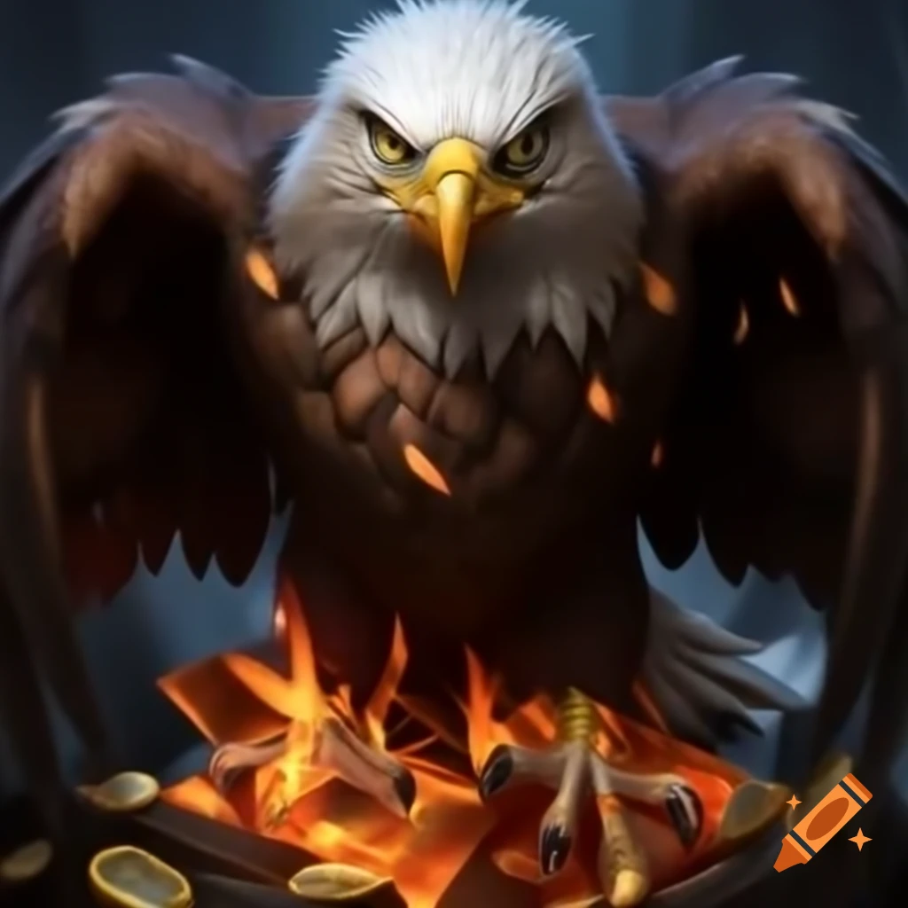 Eagle with fire on back and gold coins dripping from wing, glowing red eye