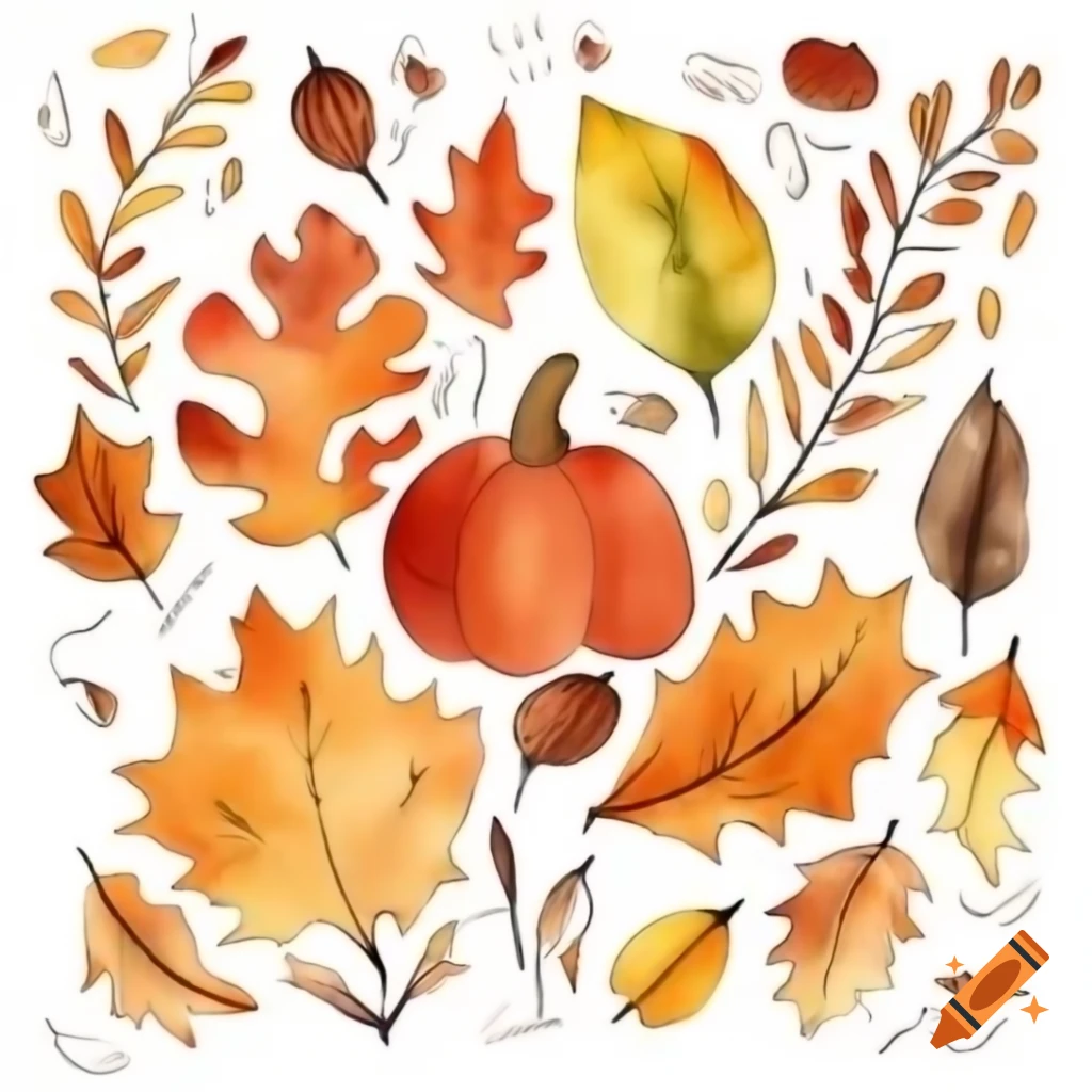 Watercolor doodle inspired by fall, featuring leaves and autumn colors
