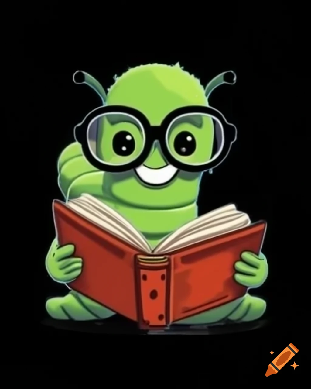 Graphic art of a smiling bookworm with glasses reading on a black background