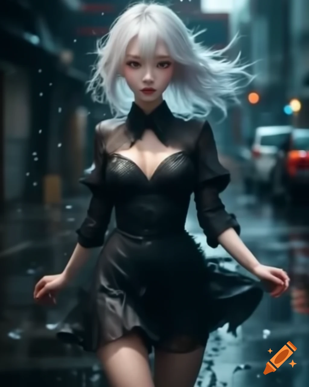 Anime woman with white hair in black dress on a rainy day, realistic style