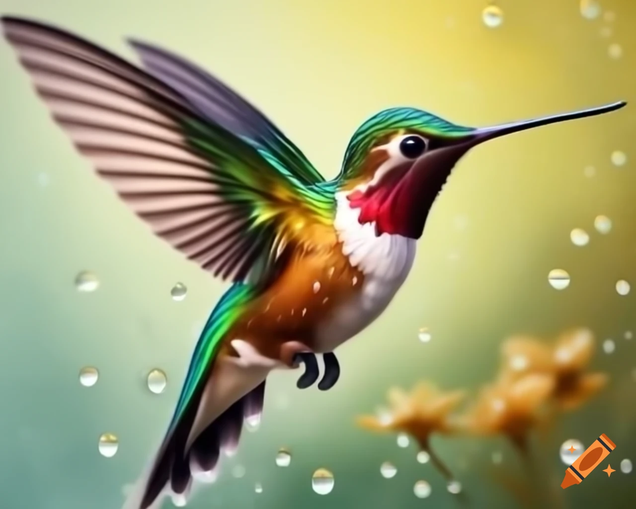 Realistic hummingbird hovering with brown and gold plumage in cartoon watercolor style