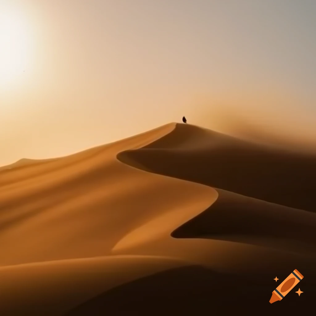 Solitary figure walking on vast sand dunes with warm glowing light