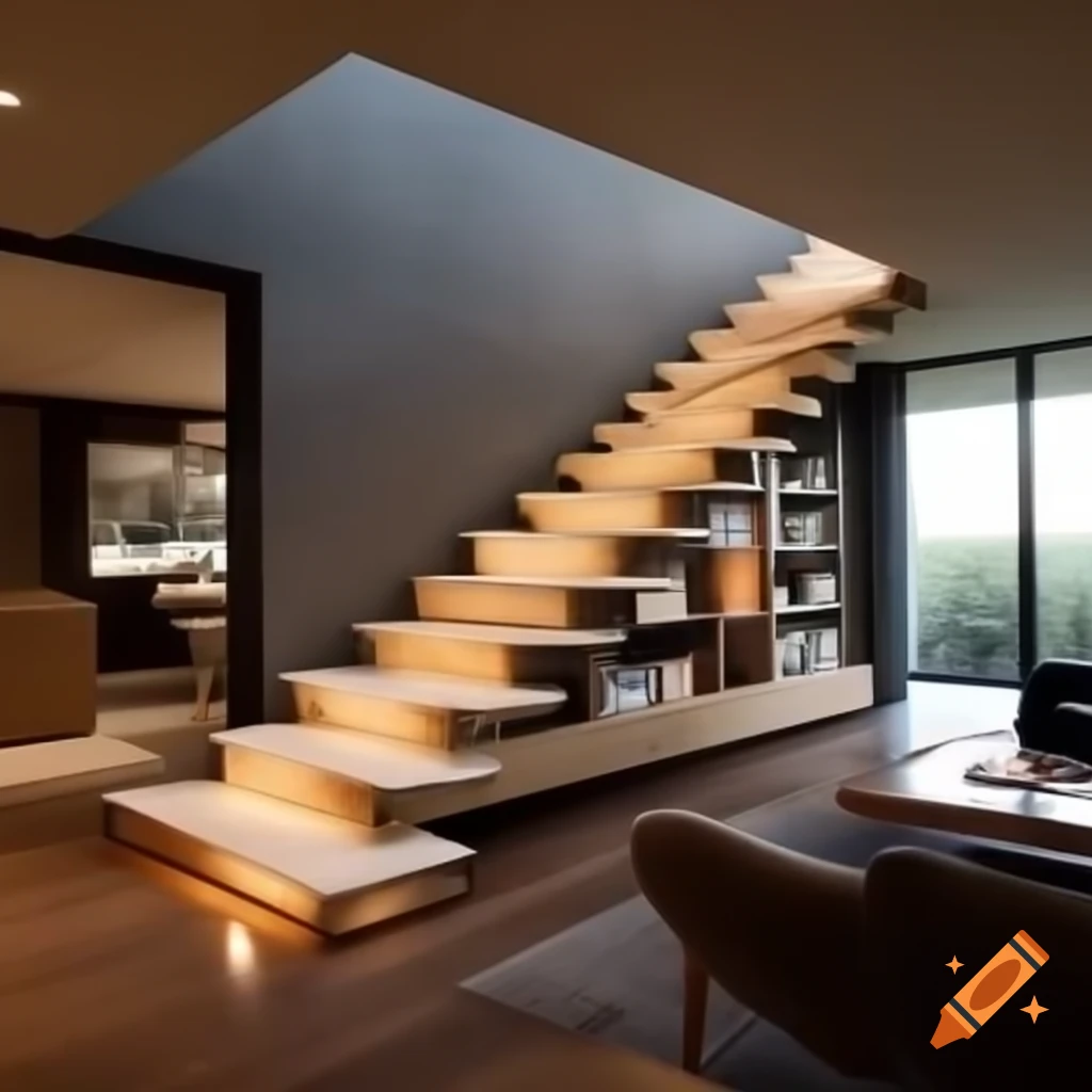Modern linear staircase connecting living room to upper floor with warm wooden treads