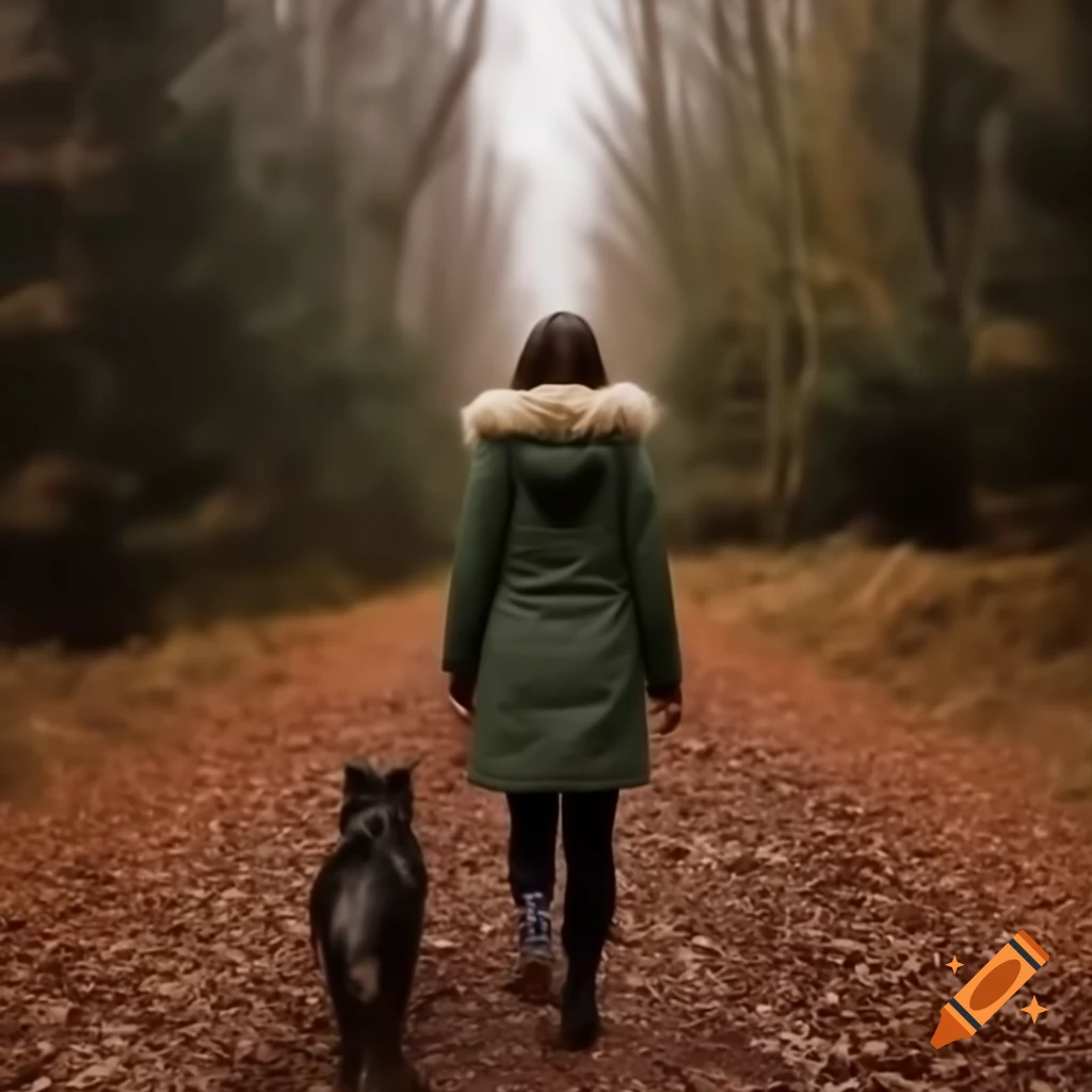Woman in green parka walking dog on autumn trail surrounded by trees