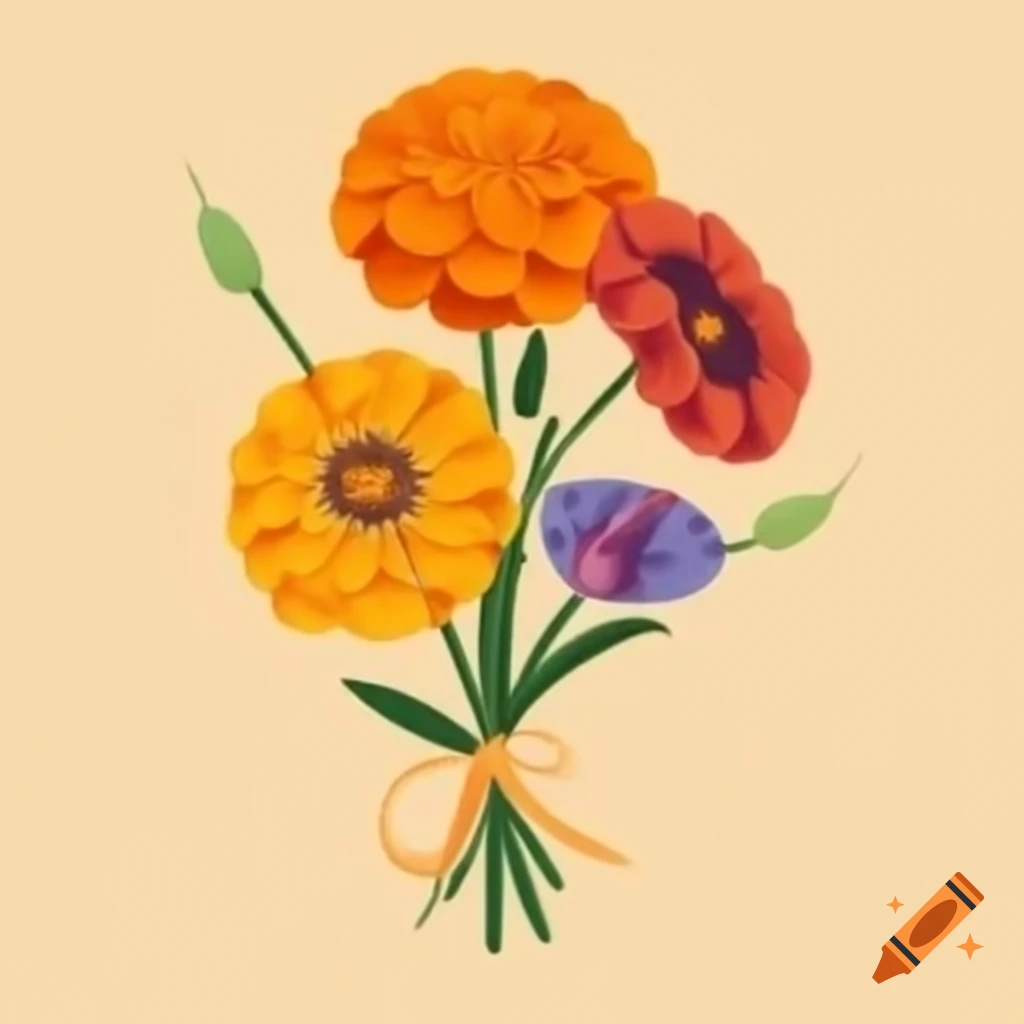 Lily of the valley, marigold, and morning glory tied with ribbon