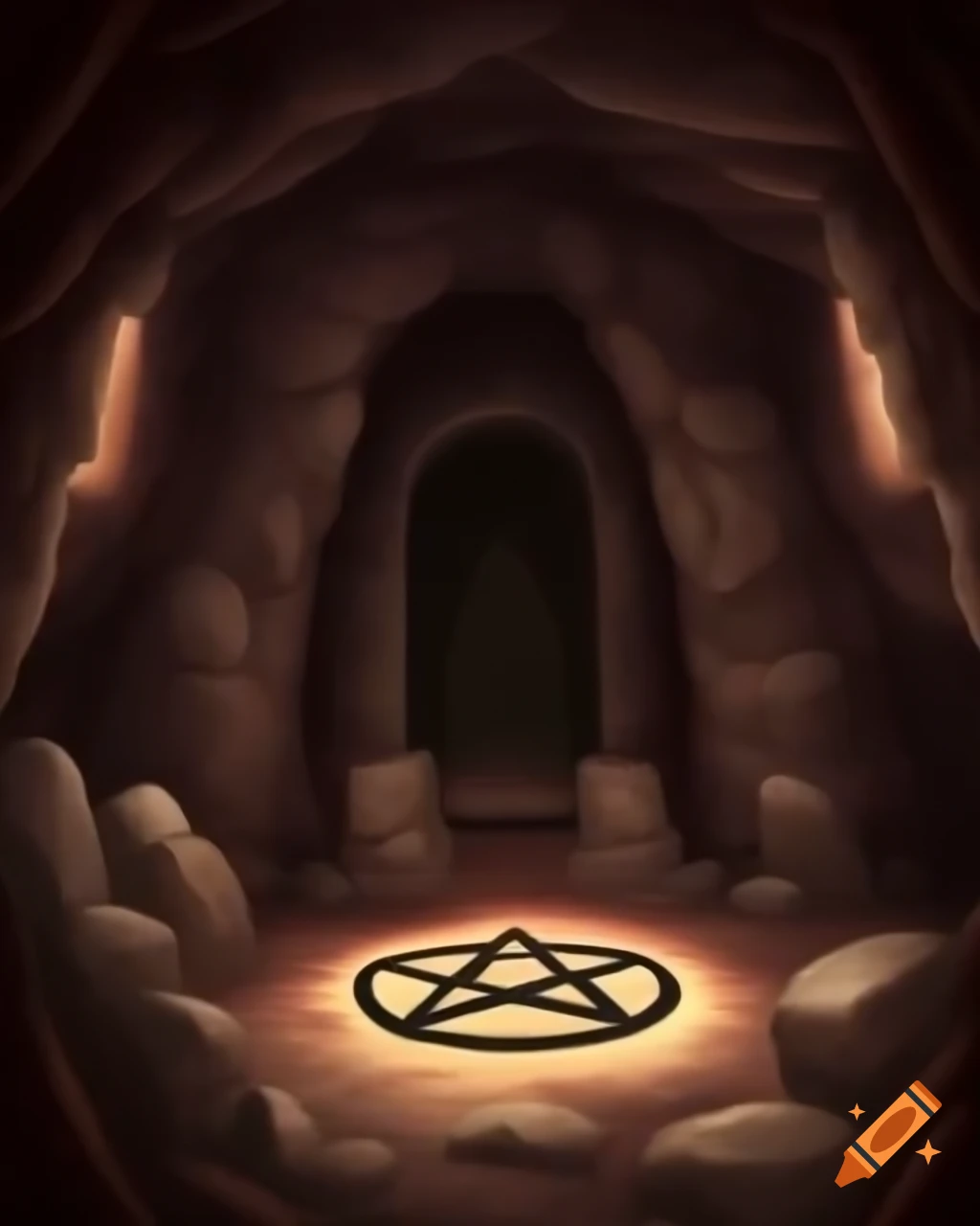 Rocky cavern room with pentagram drawn on the floor