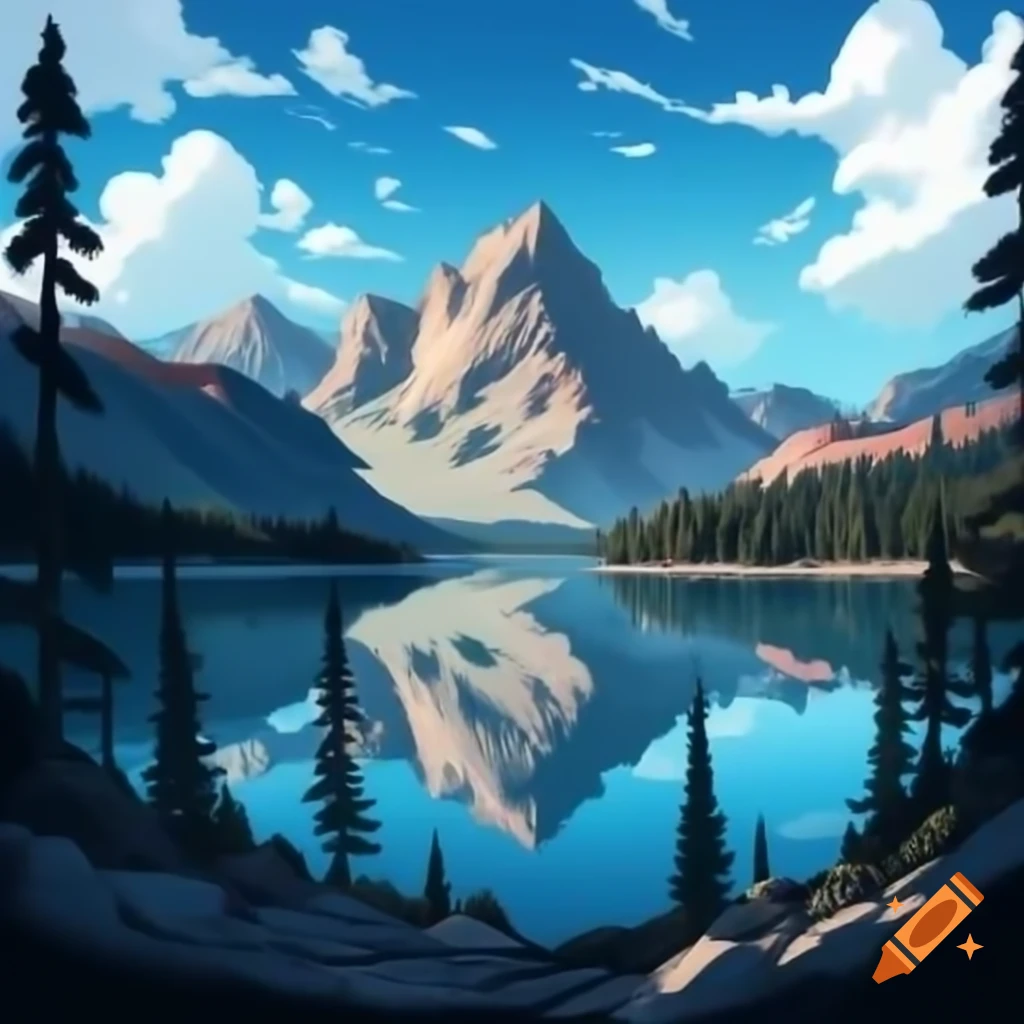 Serene lake surrounded by trees and mountains under clear blue sky