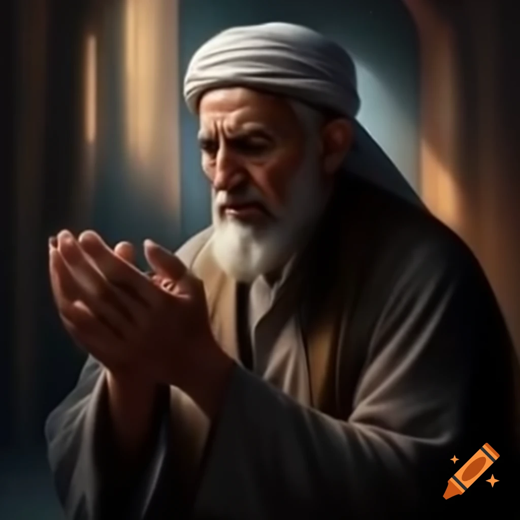 Middle-aged man in traditional Islamic attire praying in serene environment