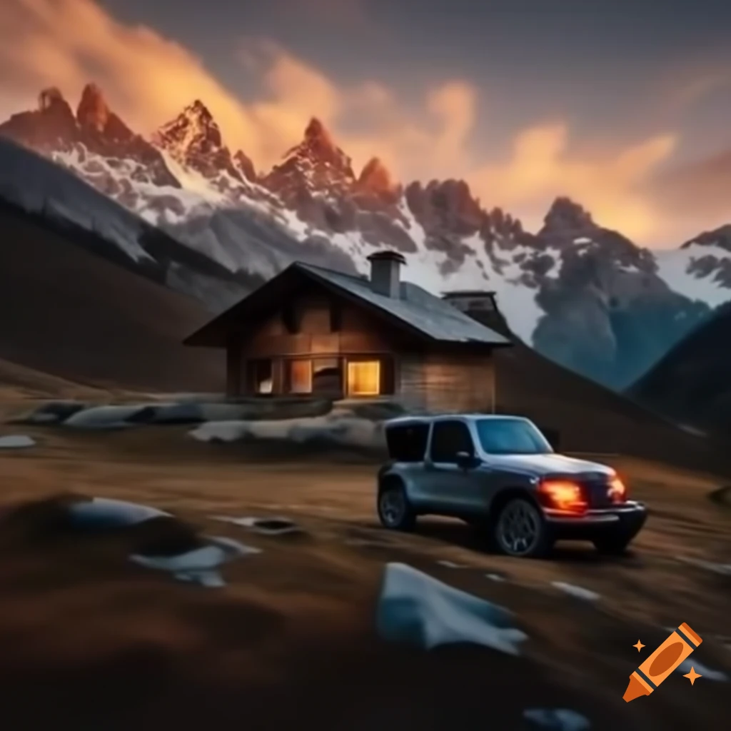 Cozy log cabin with stone chimney in Swiss Alps at sunset, Jeep Wrangler parked