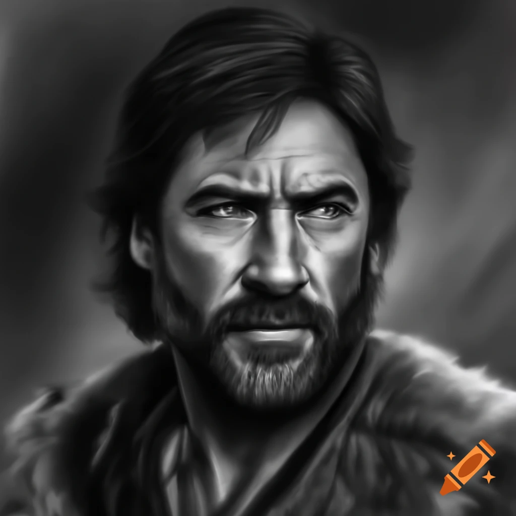 Pencil portrait of a mythical merchant resembling Javier Bardem