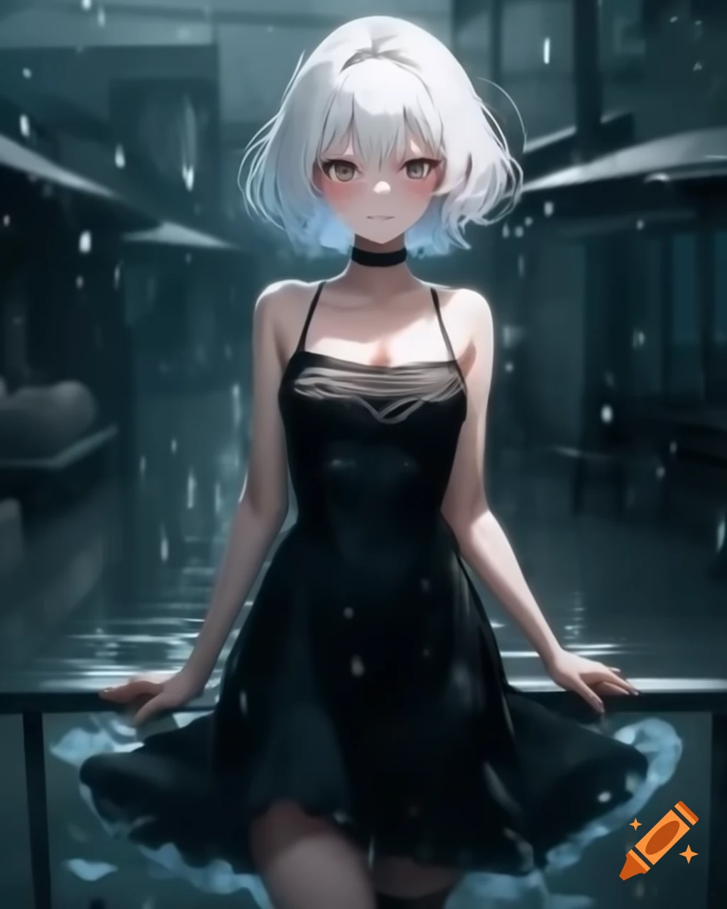 Anime depiction of a woman with white hair in a black dress on a rainy day, realistic style