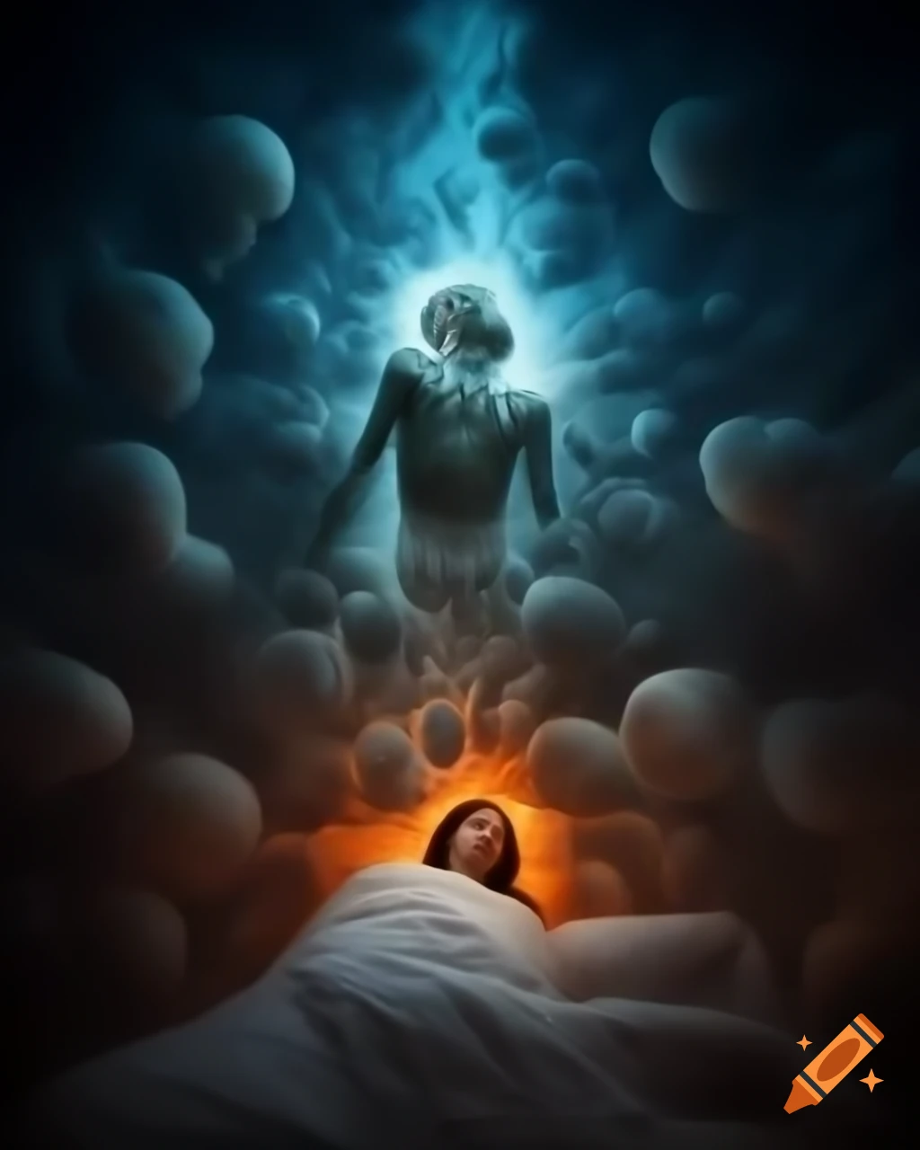 Human figure in slumber with surreal dreamscape imagery