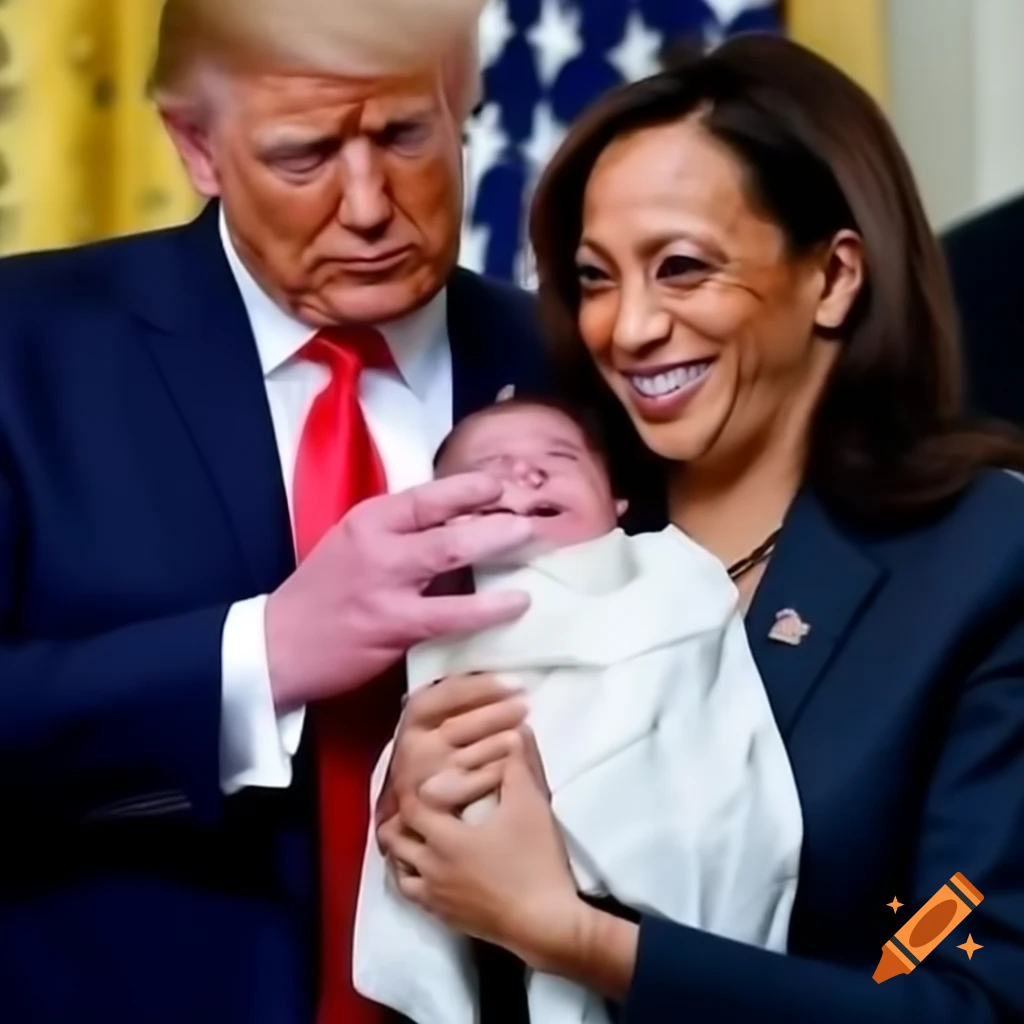 Kamala Harris holding a caricature of Donald Trump as a baby