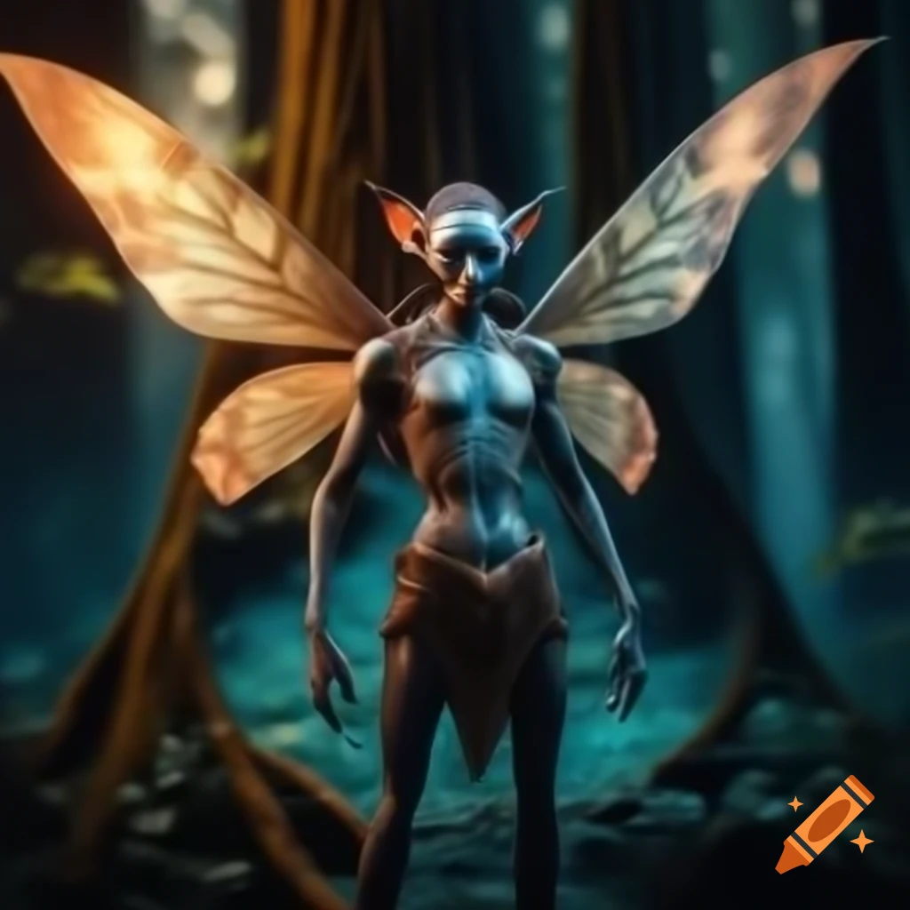Photorealistic 3D render of a fairy beside a tree in a forest, raytracing