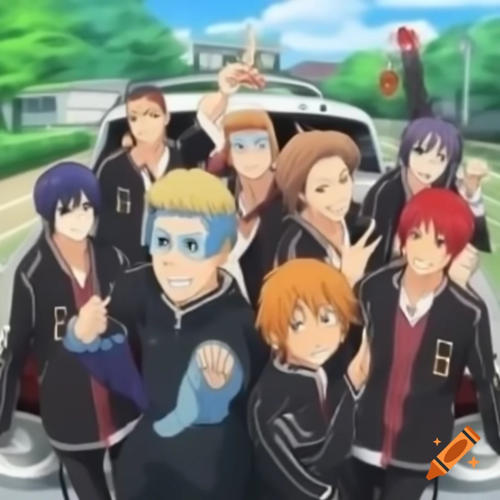 Anime brothers posing beside a stylish car