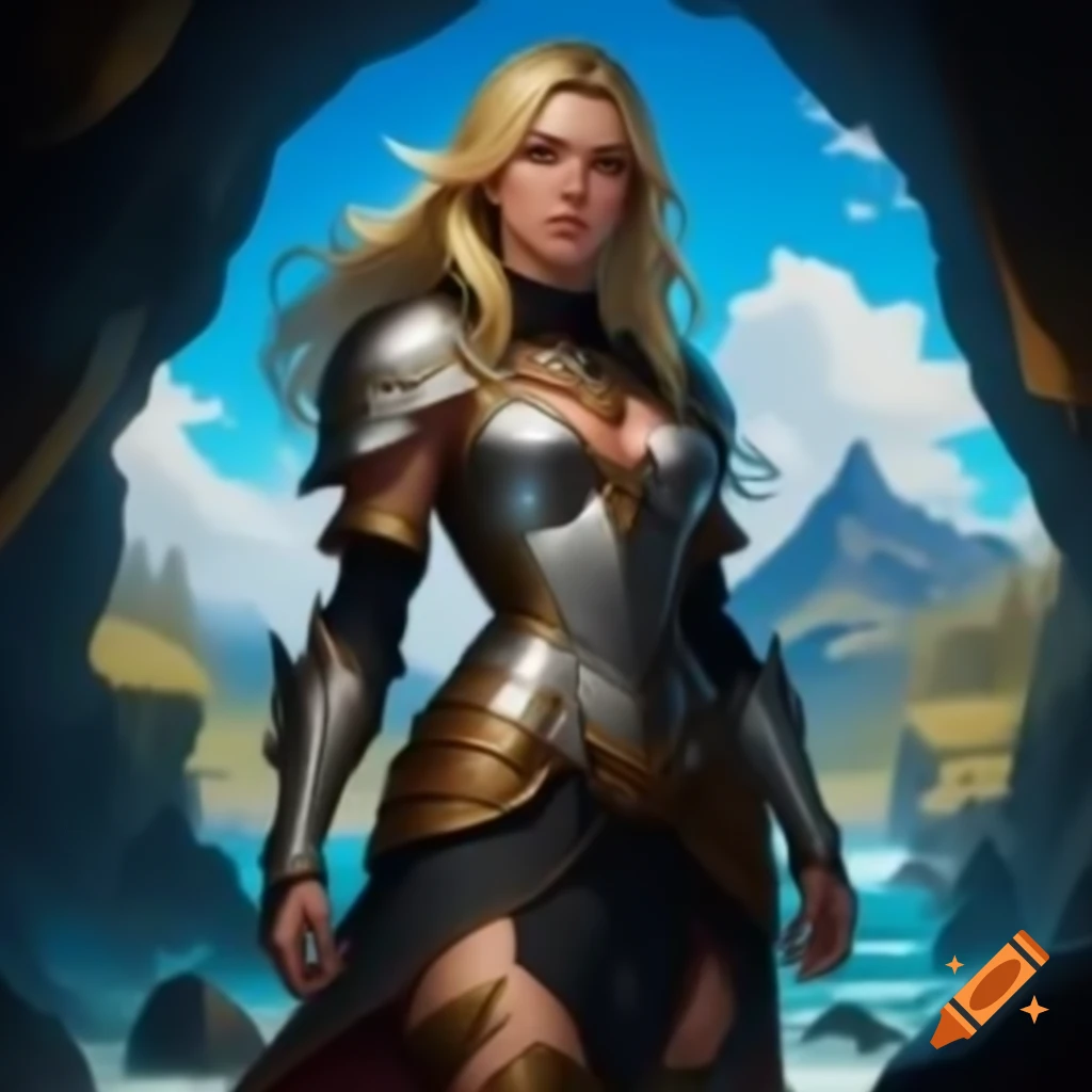Digital illustration of woman in metallic armor in fantasy cave with blue sky and mountains