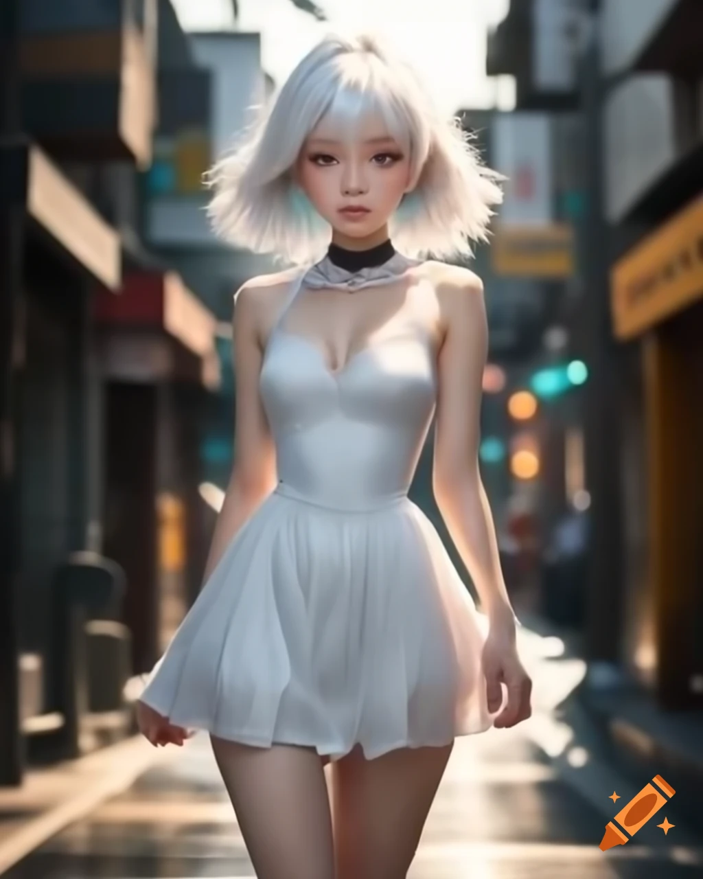 Anime character with white hair in sundress walking on street
