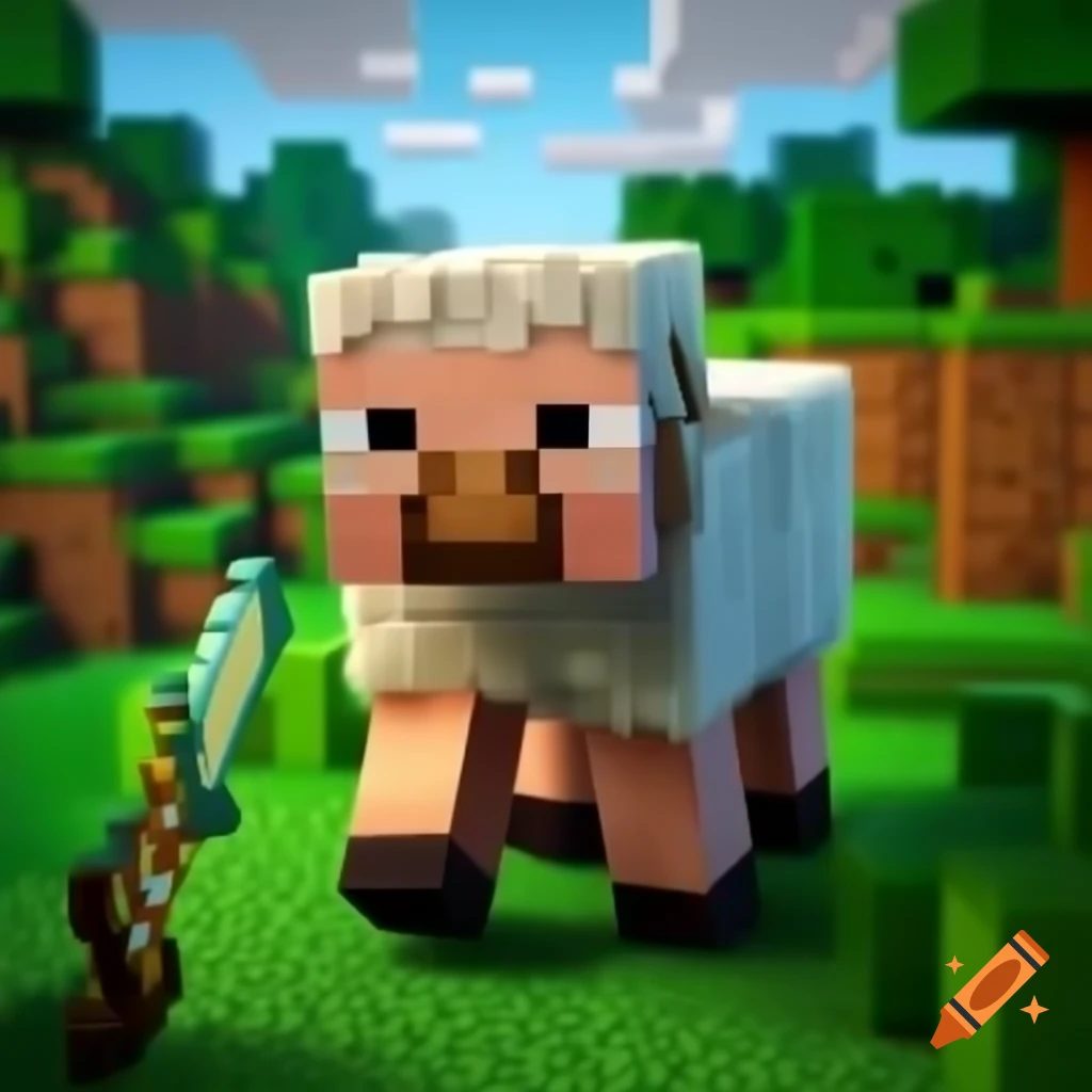 Minecraft sheep with head removed, Steve walking away with sword
