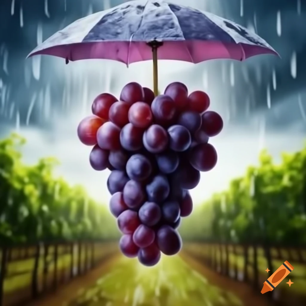 Photorealistic grape in rain with umbrella and vineyard background