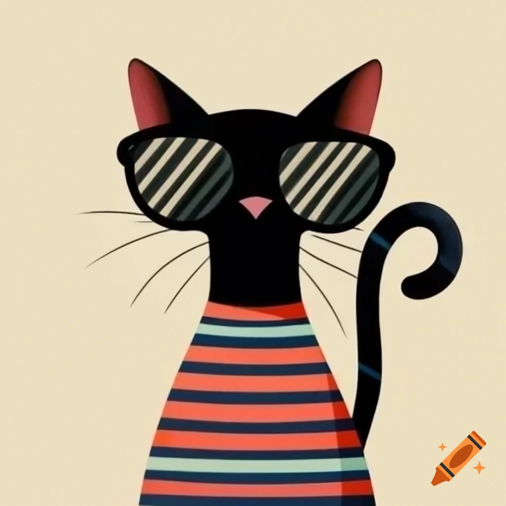 Cartoon art of black cat with pajama stripes and sunglasses