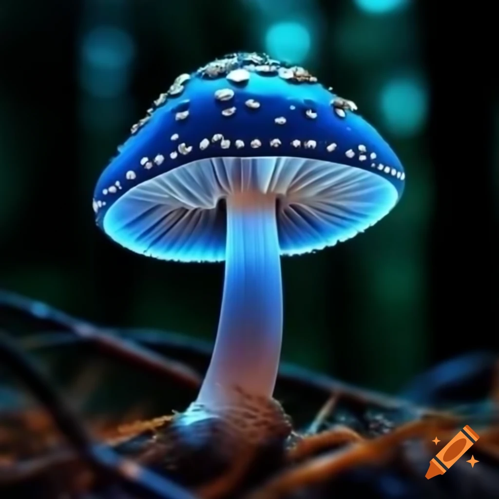 Bioluminescent mushroom glowing in a dark forest