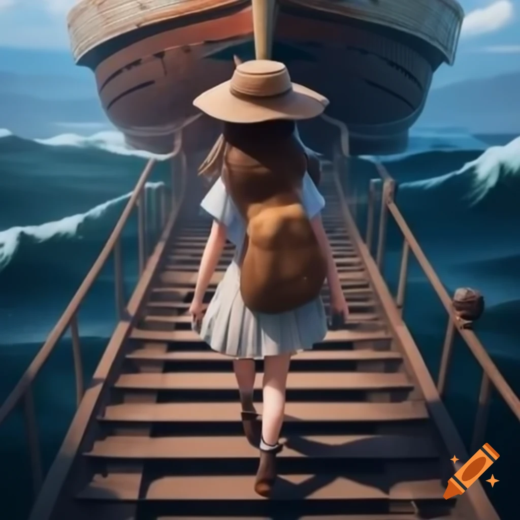 Girl with brown hair and blue eyes wearing a hat walking up stairs into a ship