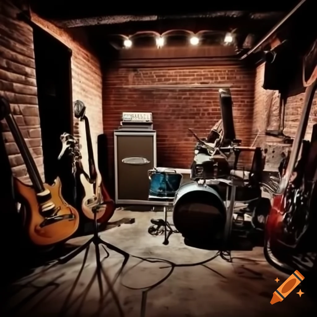 Old basement rehearsal room with brick walls, electric guitar, drum set, and mic stand