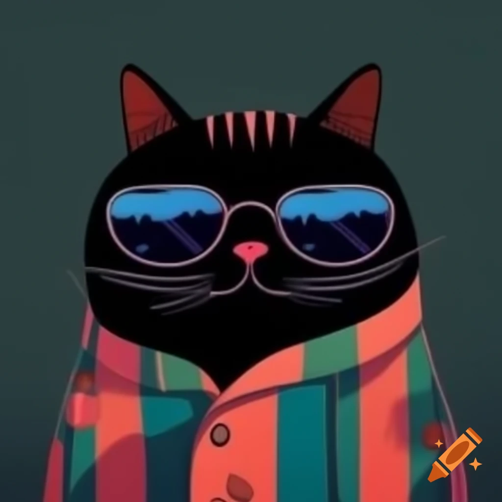 Cartoon of black cat with striped pajamas and sunglasses