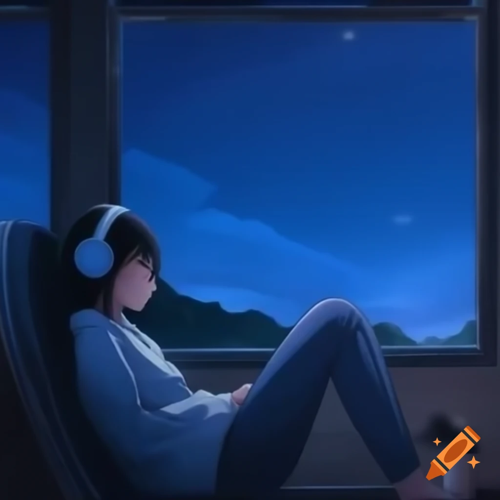 Anime girl with headphones enjoying music by window with night sky and stars