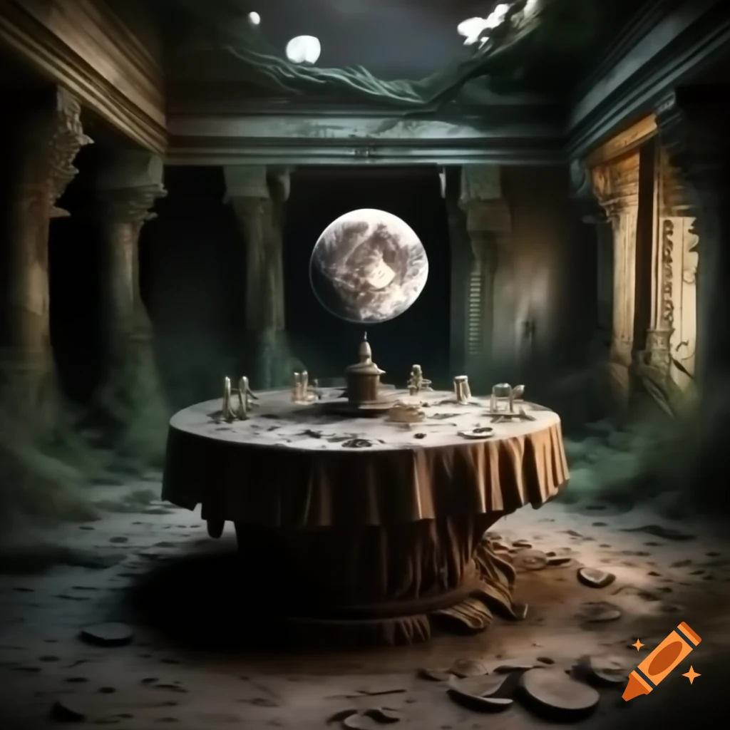 Photorealistic detailed replica of the moon on ornate table in overgrown abandoned temple