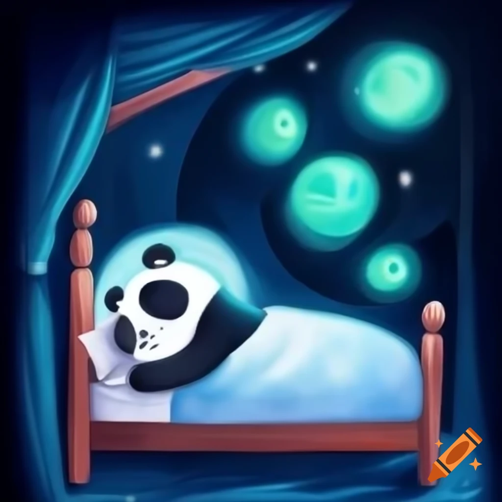 Panda sleeping in bed with whimsical dream world of stars and moonbeams