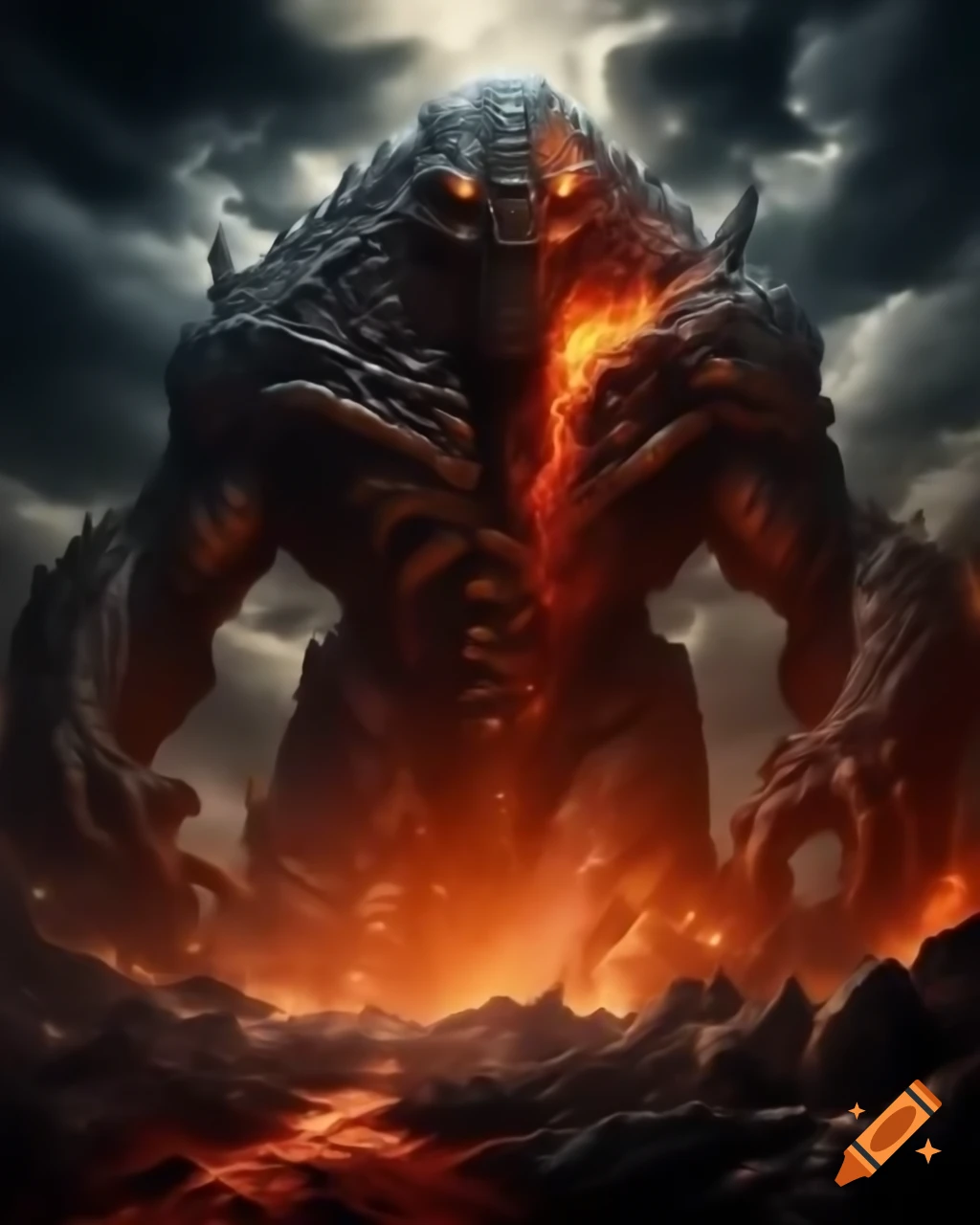 Creepy golem monster emerging from earth with molten lava and smoke