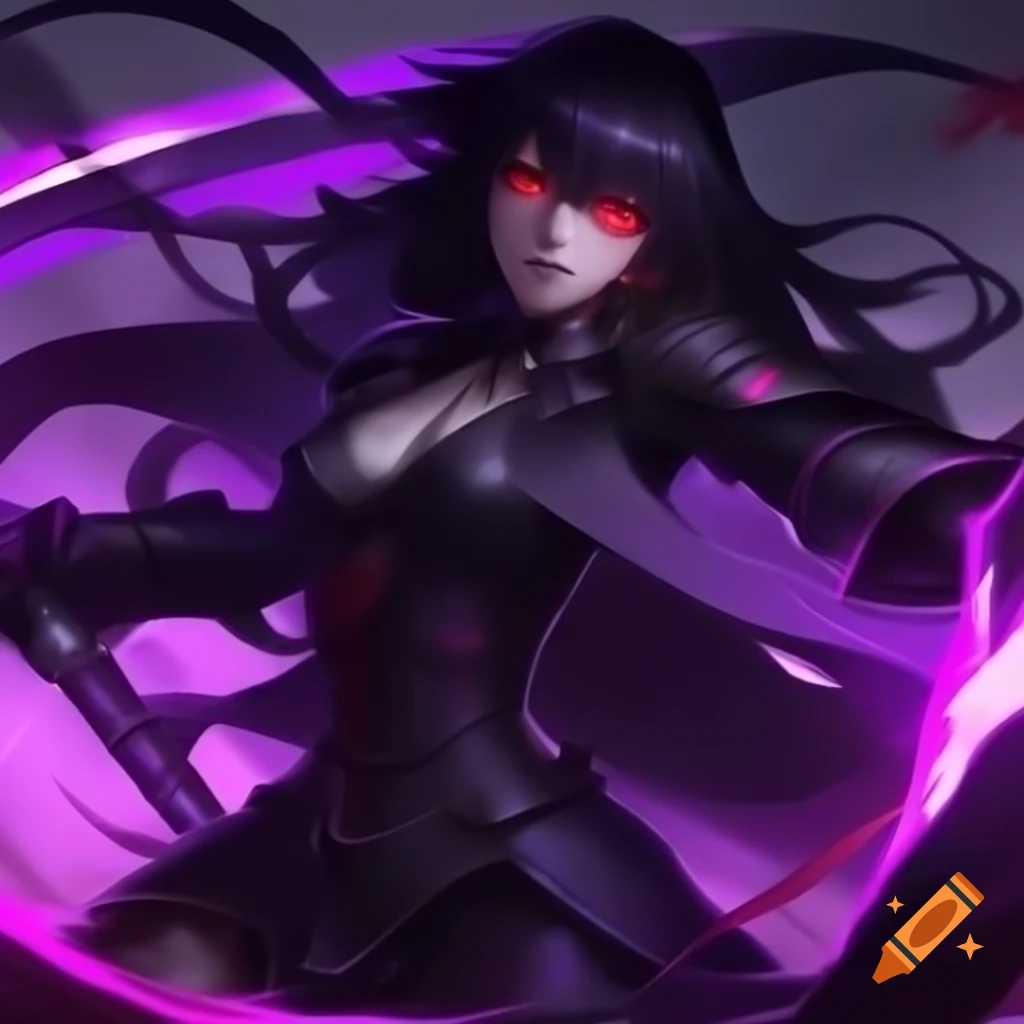 Dark female anime heroine in black armor with purple hair strands and red pupils