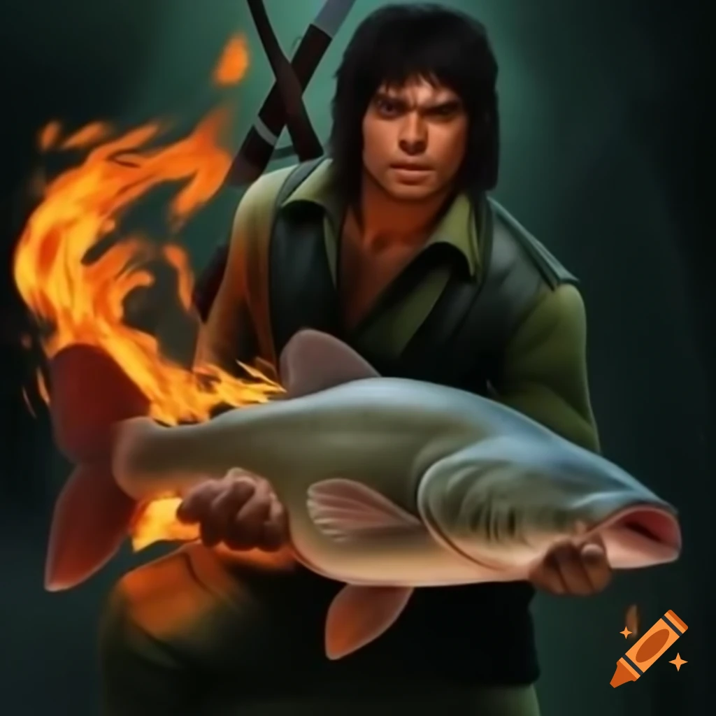 Rambo character with fire and catfish elements