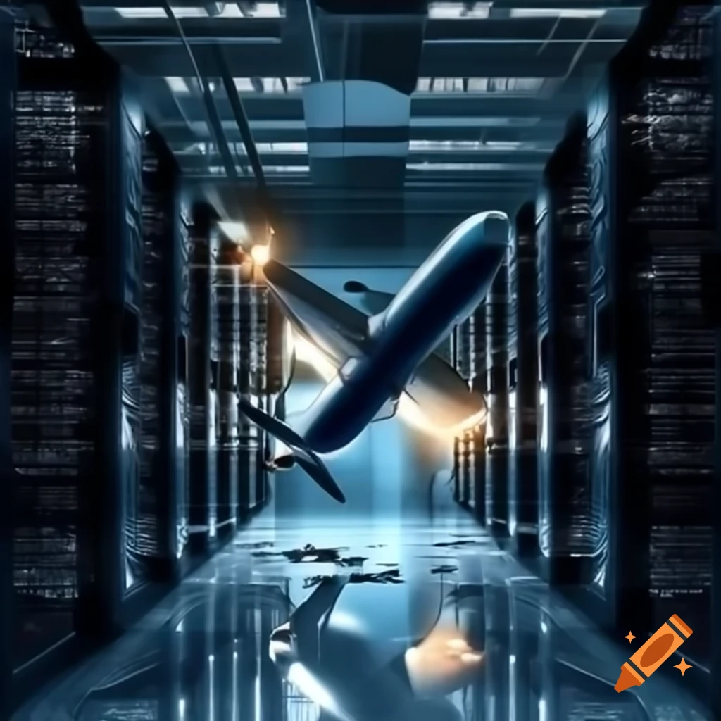 Plane colliding with a giant database server