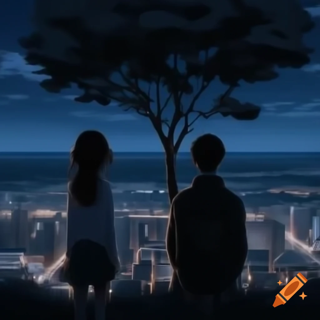 Anime couple in front of city near tree during evening