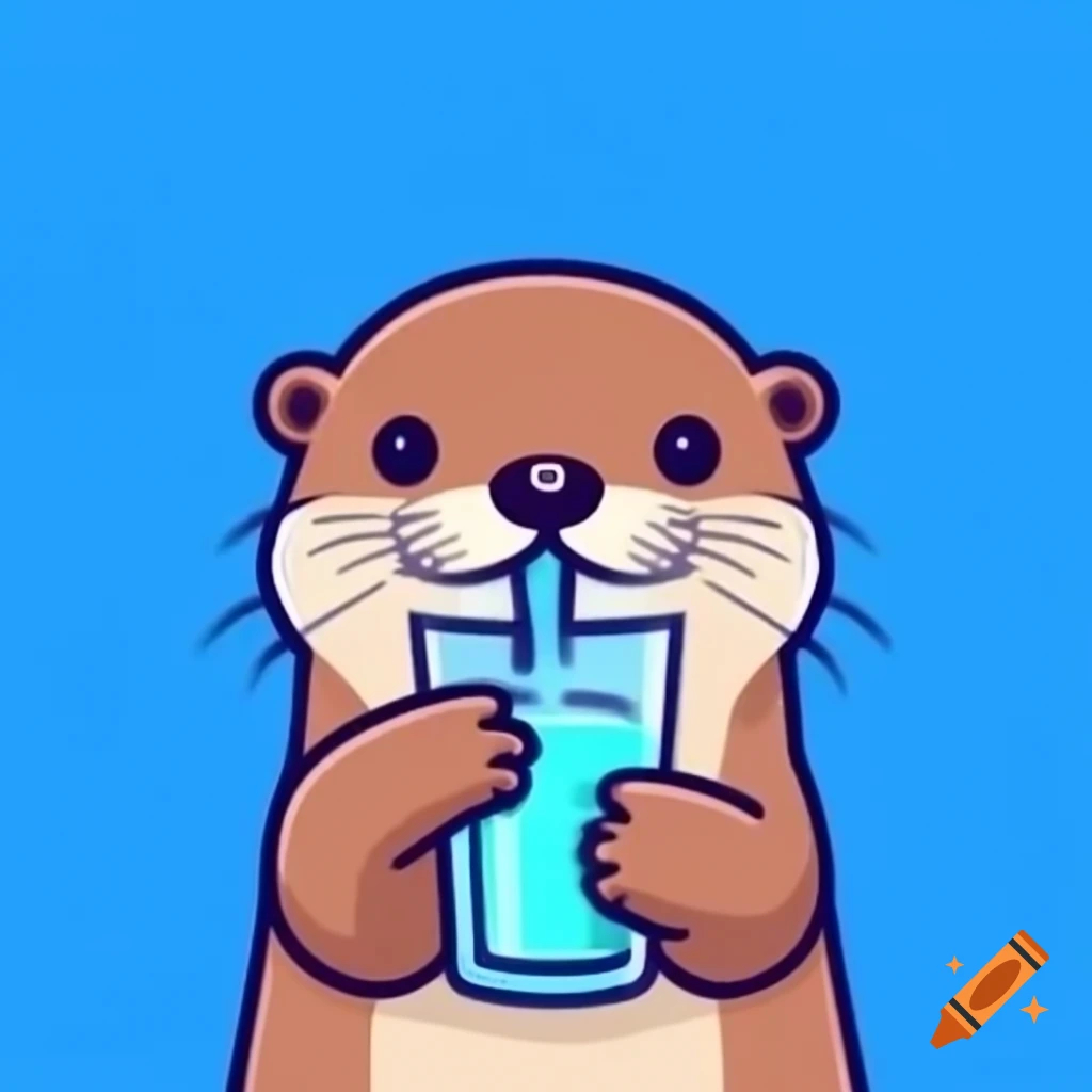 Otter drinking water through straw on blue background, illustration