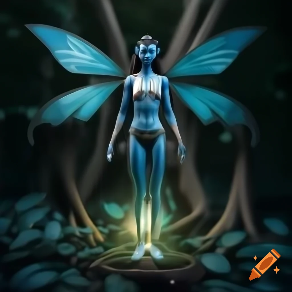 Photorealistic 3D render of a fairy beside a tree in a forest, raytracing