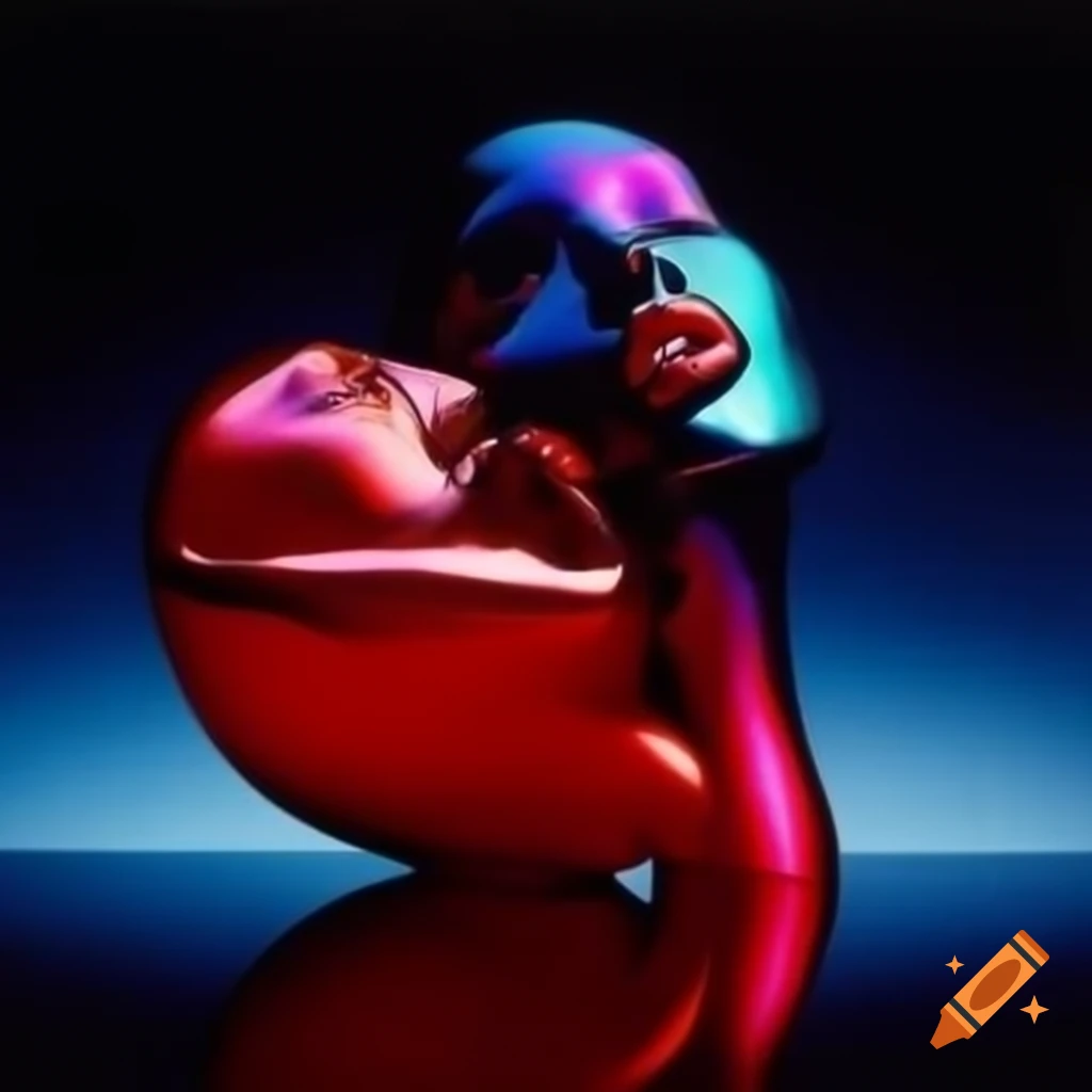 Pop surreal photography featuring iridescent red glass statue