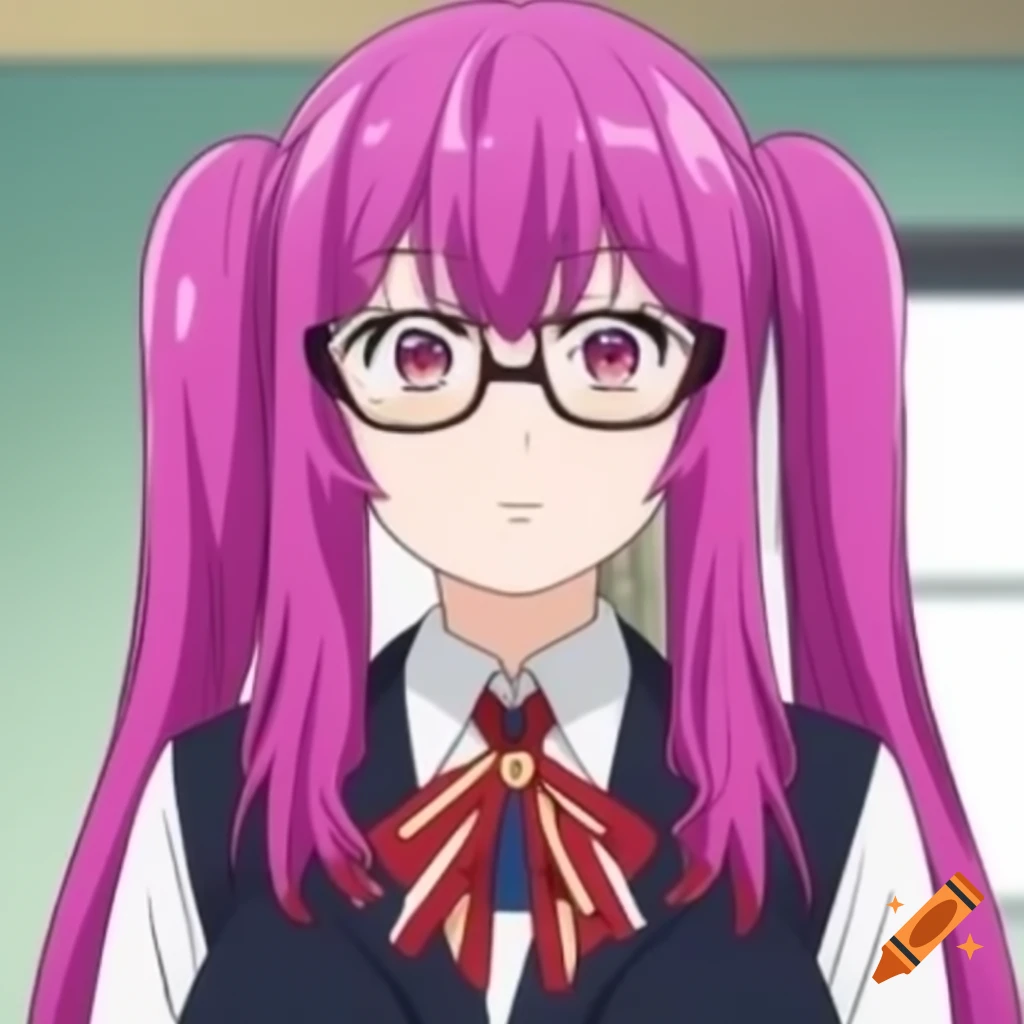American transfer student in Japanese school uniform with fiery magenta hair and glasses