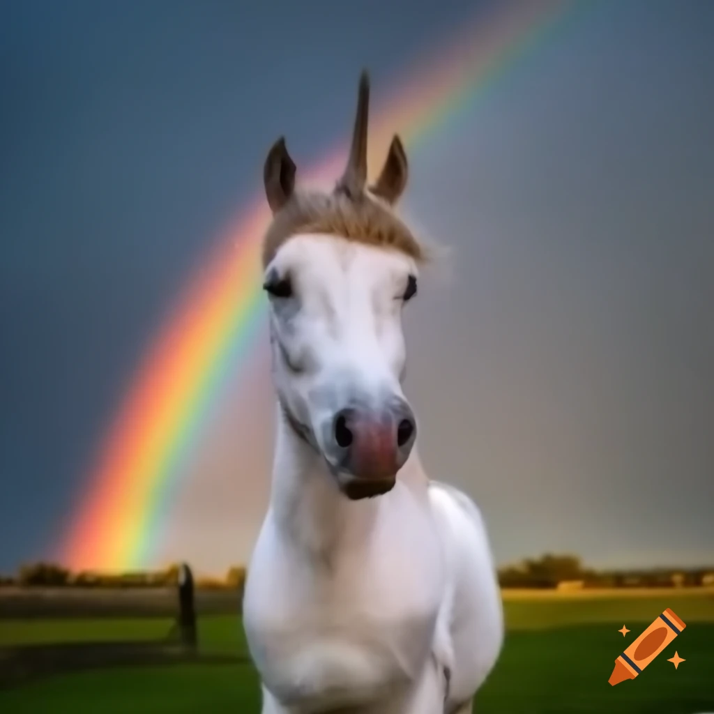 Unicorn standing in front of a vibrant rainbow