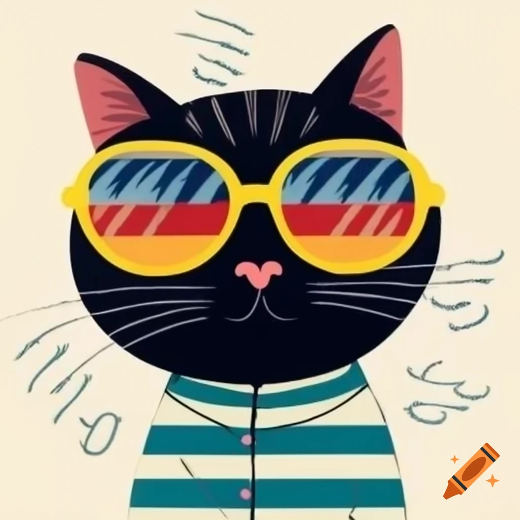 Cartoon art of black cat with pajama stripes and sunglasses