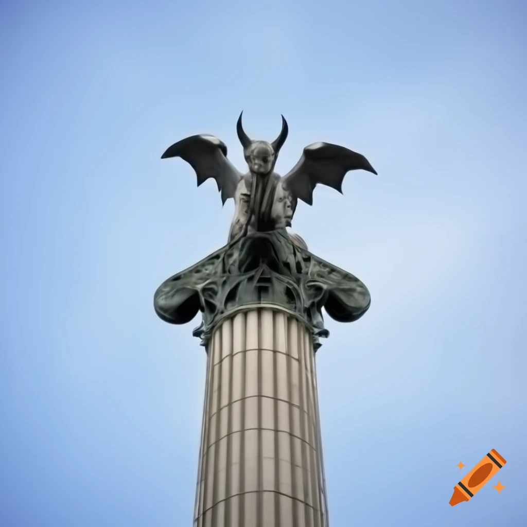 Marble demon gargoyle with horns and wings atop Washington Monument obelisk