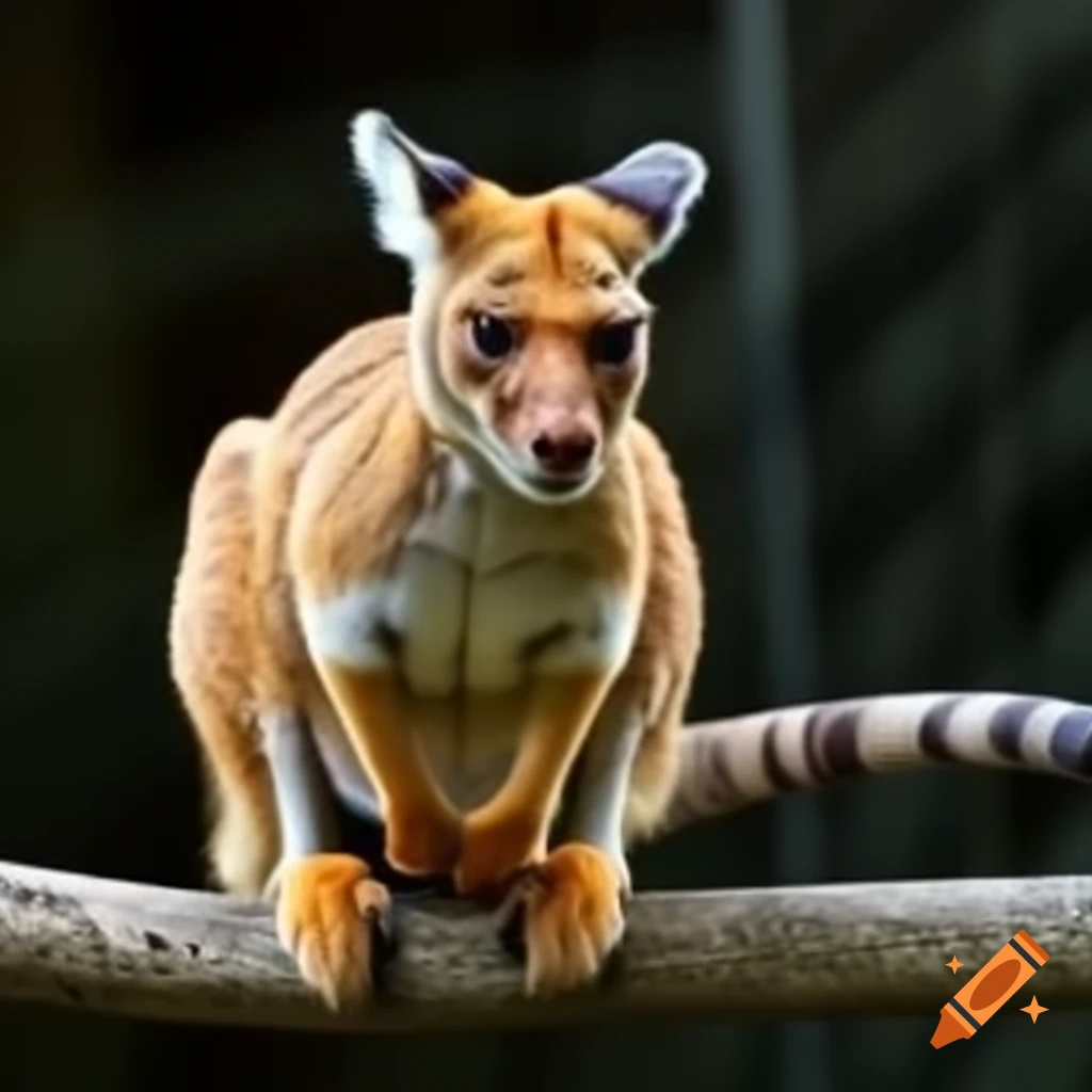Hybrid animal with tree kangaroo head, tiger body, and jaguar legs