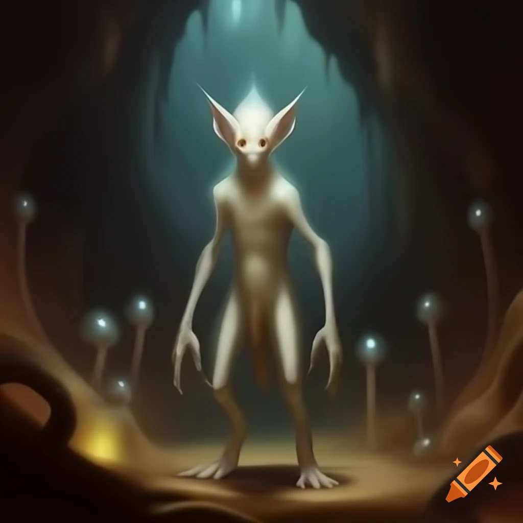 Slender white creature in dark cave with glowing fungi