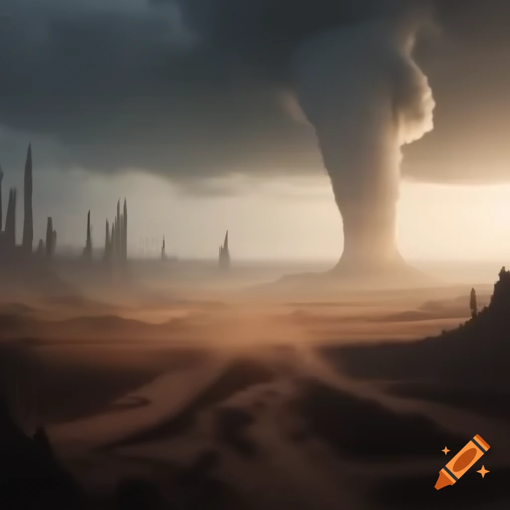 Expansive dust wasteland landscape with distant sandstorms